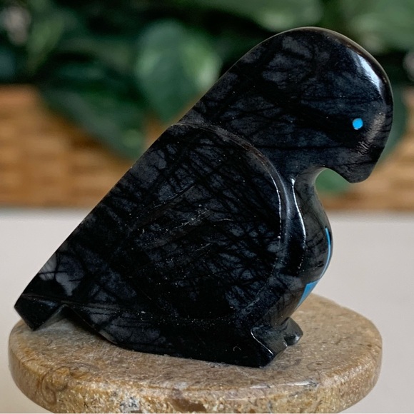 Zuni Crow Raven Fetish Clayton Panteah & Abby Quam Jasper Turquoise Heart Line - Picture 7 of 16